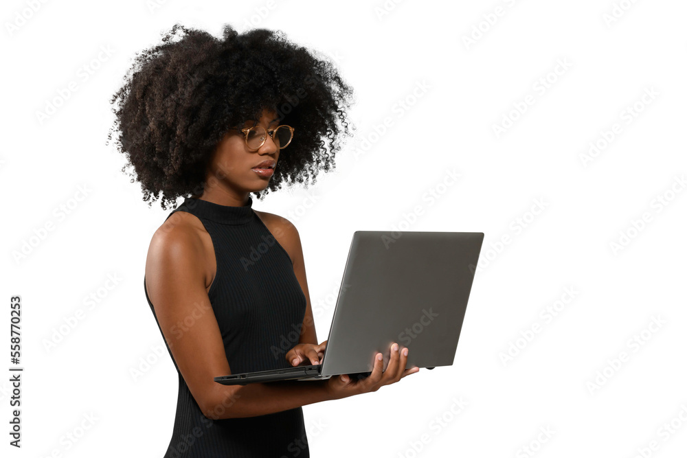woman holding laptop computer typing on keyboard looking at laptop screen, black woman woman holding laptop computer typing on keyboard looking at laptop screen, black woman