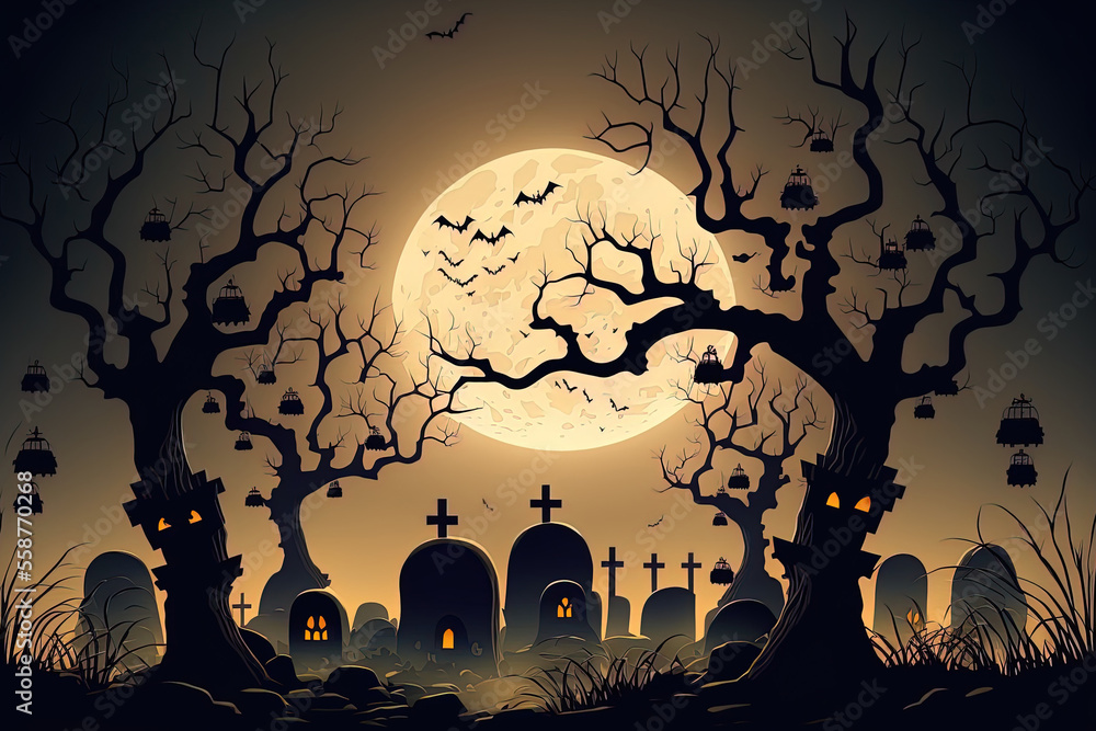 Background for Halloween including pumpkins and skeletons. Generative AI