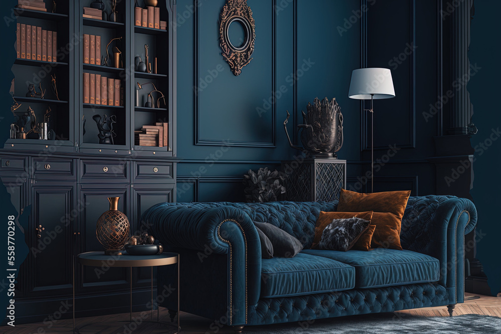 Hipster style dark blue house decor with vintage pieces of furniture