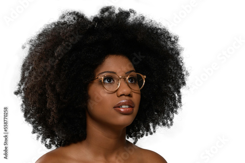 black woman wearing transparent glasses looking at the camera