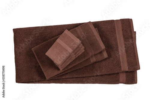 Brown Bath Towel Top View 100% Cotton Terry Towels Isolated with White Background. New Hotel Spa Cotton Soft Beautiful Design Bath Towels. Absorbent Terry Hand Towel Top View 1 Side Folded.