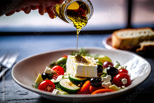 Wallpaper Mural View of a hand pouring olive oil into a white dish holding a fresh salad with feta cheese, tomatoes, and cucumbers