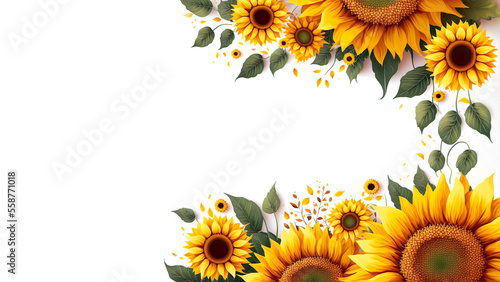 Frame of flowers Sunflower,Helianthus annuus. copy space. Generated AI