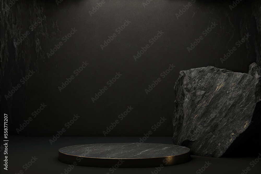 Dark showcase with natural mineral. Black gold stone as pedestal for