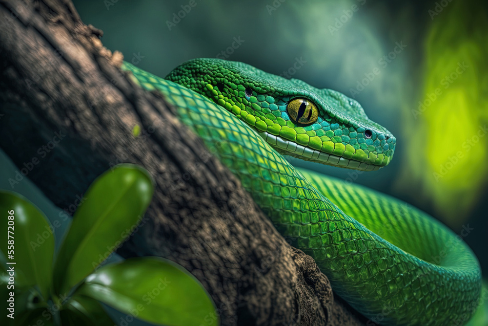 Green snake Trimisurus albolabris up close and personal on branch. Generative AI Green snake Trimisurus albolabris up close and personal on branch. Generative AI