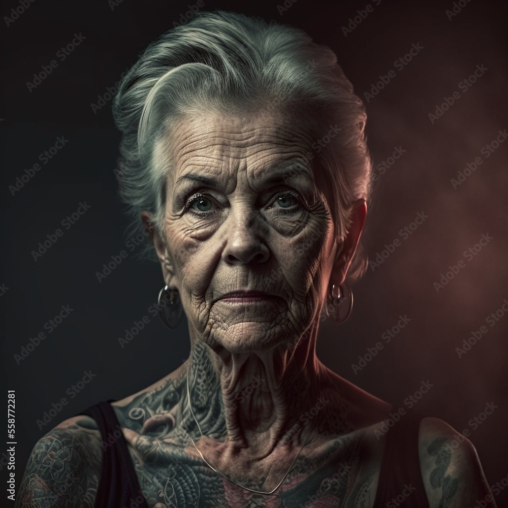 portrait of an old woman with tattoos, style - Generative AI