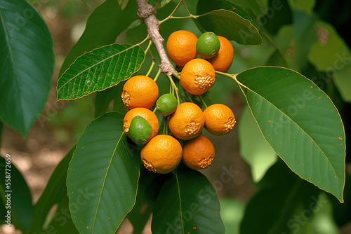 Copaba branch (Copaifera langsdorffii) with full fruits displaying its orange aryl. used in conventional medicine for a variety of illnesses. Generative AI