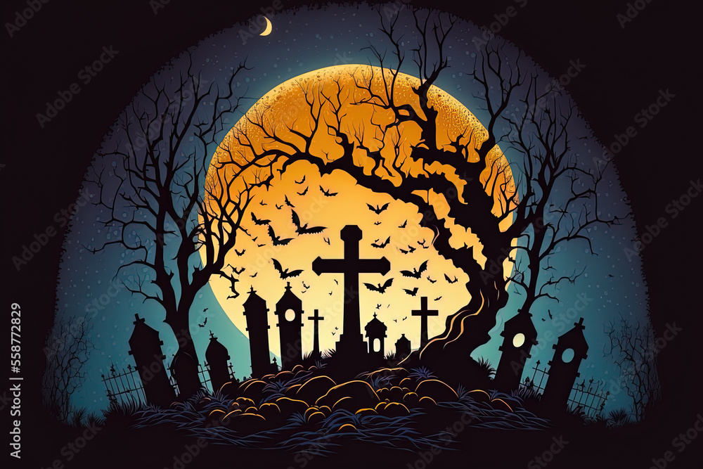 Halloween with a brilliant moon, dead trees, and a level cemetery with crosses. Generative AI
