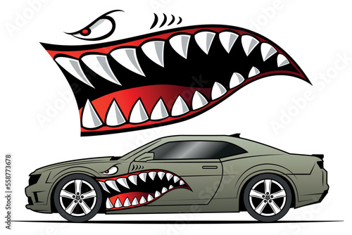 Flying Tigers bomber plane vector graphic angry shark teeth shark jaws race car decal vehicle decoration vinyl sticker