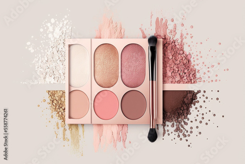 Lidschatten palette und make-up Pinsel isoliert auf pastellfarbenen Hintergrund