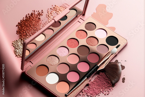 Lidschatten palette und make-up Pinsel isoliert auf pastellfarbenen Hintergrund