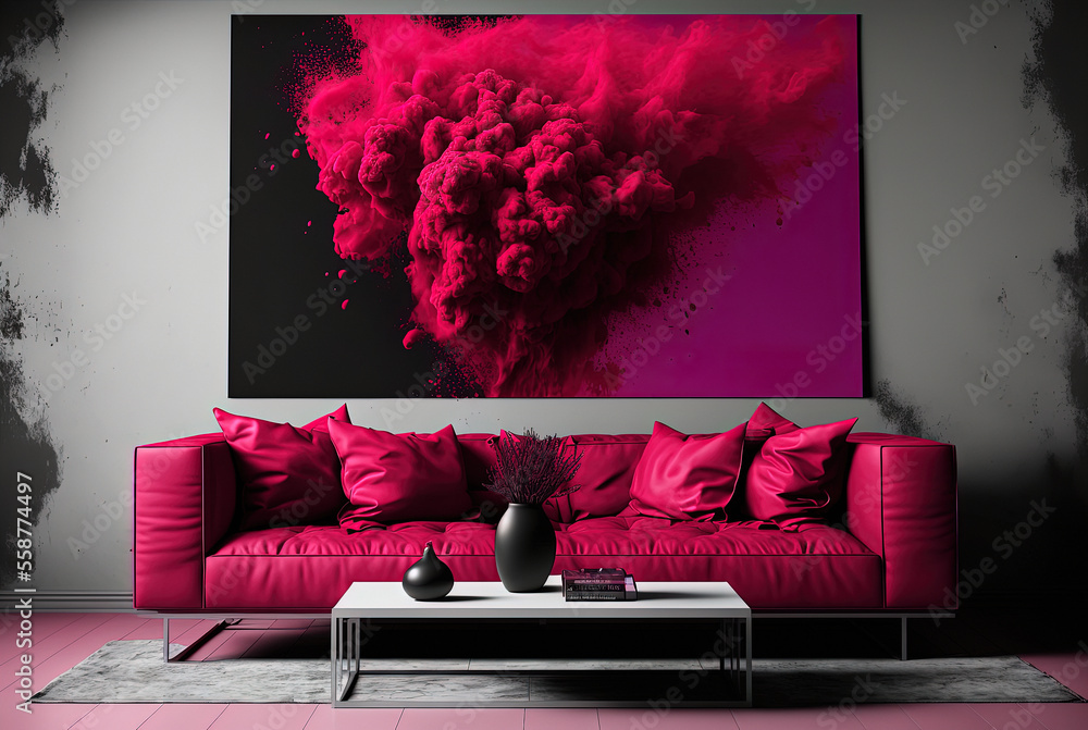living room interior on Trendy Pantone 18-1750 viva magenta color., monochrome background. Color of the year 2023. - obrazy, fototapety, plakaty 