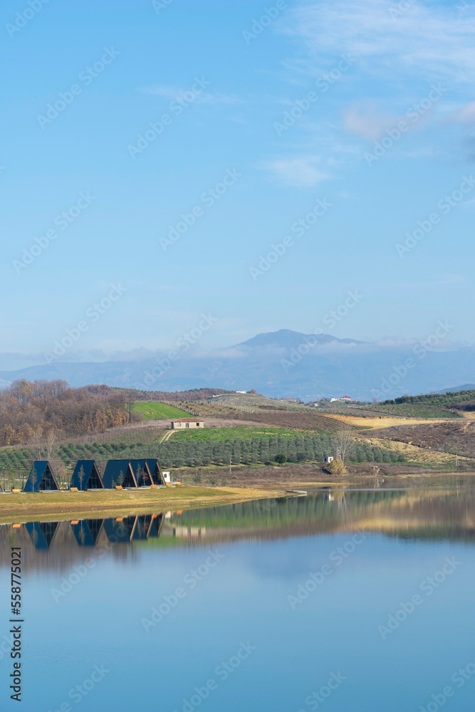 Fototapeta premium Albania lake landscape, Marine lake near Belsh city
