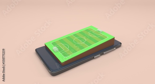 mobile phone with soccer field coming out of the screen (3d illustration)