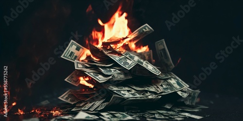 Recession, Burning money. Dollar bills on fire. Generative AI photo