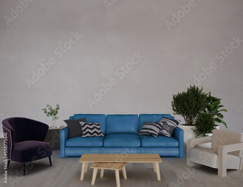 Modern living room with blue sofa front of the white wall