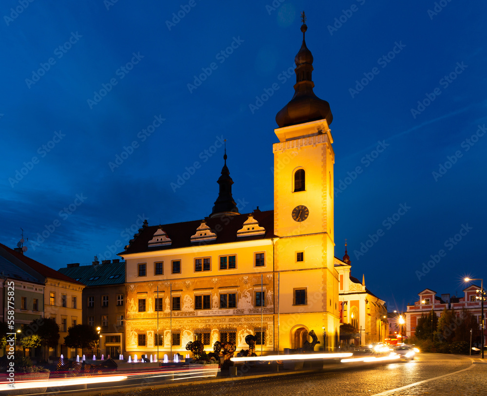 Scenic night view of illuminated building of Old Town Hall on central square of Mlada Boleslav, Czech Republic