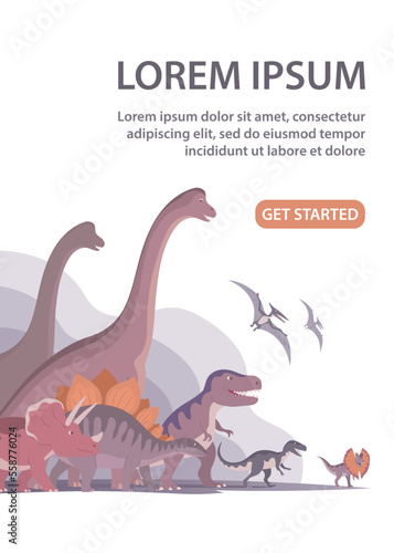 Group of dinosaurs. T rex, brachiosaurus, pteranodon and triceratops. Jurassic animals. Children toys, attraction and entertainment park. Design for poster, banner, website. Cartoon illustration