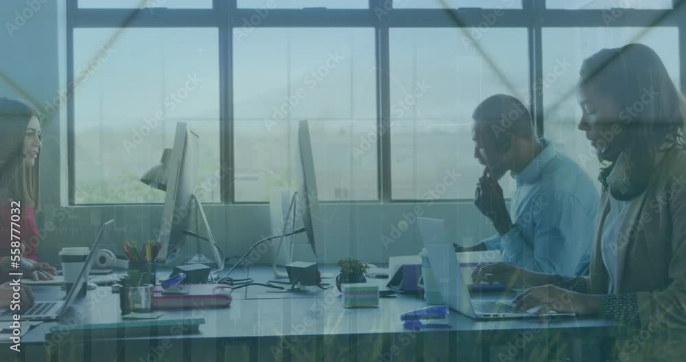 Animation of financial data processing over diverse business people in office Animation of financial data processing over diverse business people in office