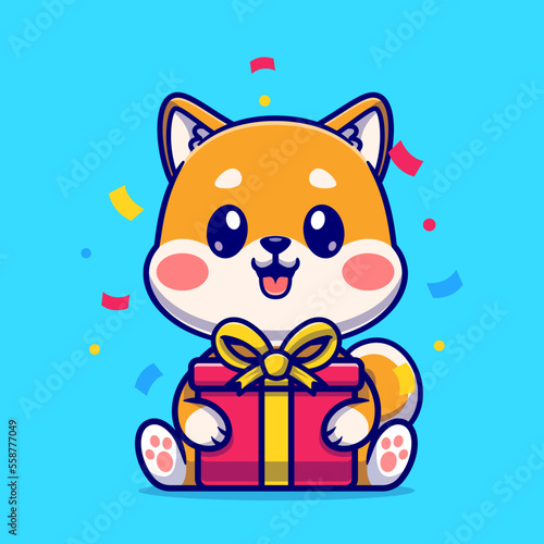 Cute Shiba Inu With Gift Box Cartoon Vector Icon Illustration. Animal 
Nature Icon Concept Isolated Premium Vector. Flat Cartoon Style
