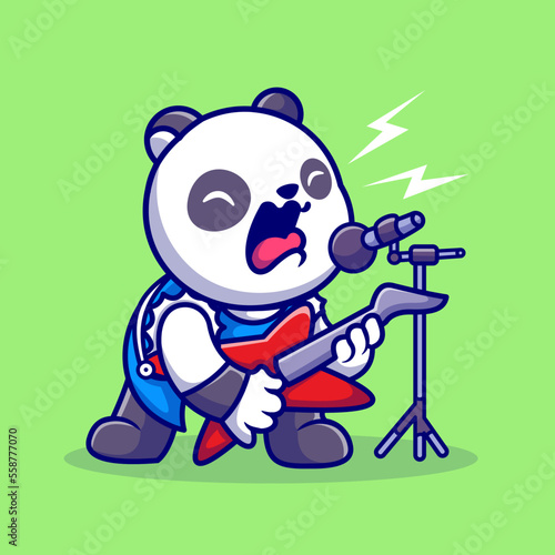 Cute Panda Rocker With Guitar Cartoon Vector Icon Illustration. 
Animal Music Icon Concept Isolated Premium Vector. Flat Cartoon 
Style
