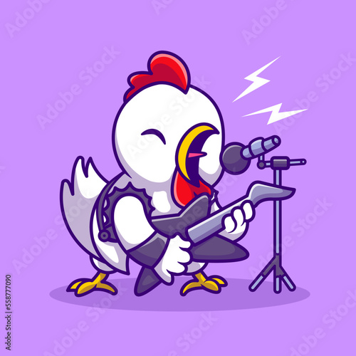 Cute Chicken Rocker With Guitar Cartoon Vector Icon Illustration. 
Animal Music Icon Concept Isolated Premium Vector. Flat Cartoon 
Style