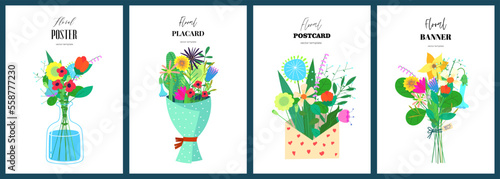 Postcard template set with abstract drawing flowers in vase. Floral bouquet art hand drawn placard collection. Botanical on spring holiday cover. Summer blooms banner. Herbal plants in envelope poster