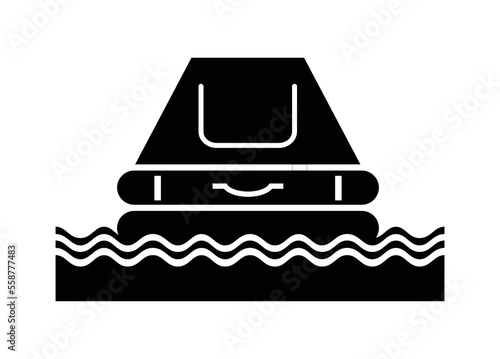 Life raft floating on the water. Simple illustration in black and white.