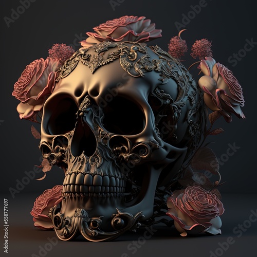 illustration of human skull decoration and ornate craft sculpture