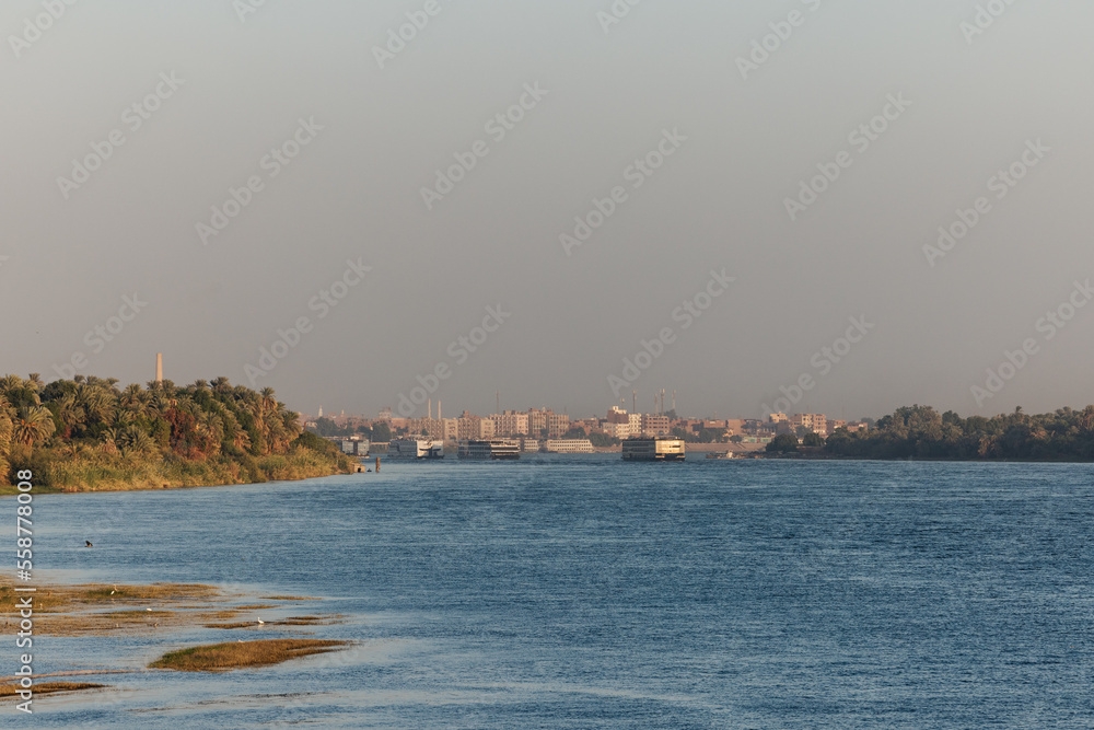 The city of Kom Ombo in Egypt, seen from a Nile river cruise ship
