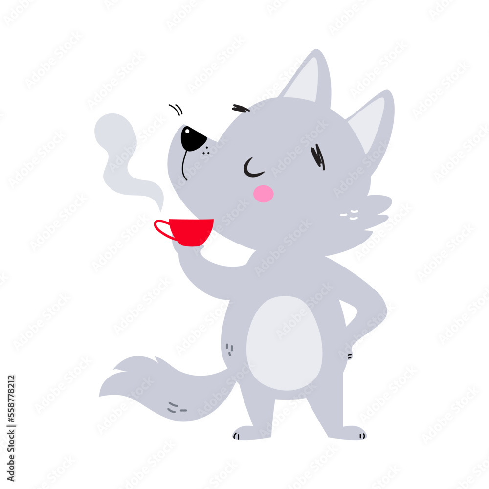 Cute Little Wolf Cub with Grey Coat Drinking Hot Steaming Tea with Cup Vector Illustration Cute Little Wolf Cub with Grey Coat Drinking Hot Steaming Tea with Cup Vector Illustration