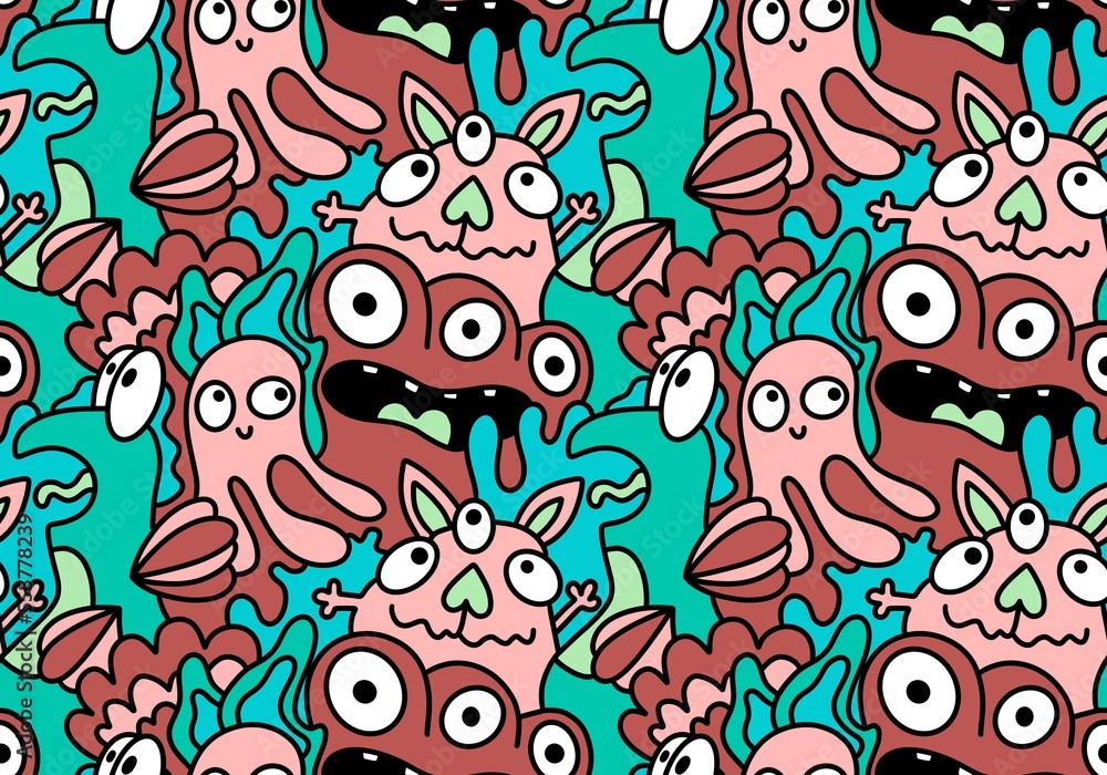 Fototapeta premium Cartoon doodle monsters seamless aliens and animals pattern for wrapping paper and fabrics and kids clothes