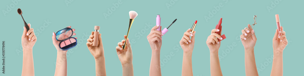 Collage of decorative cosmetics on turquoise background Collage of decorative cosmetics on turquoise background