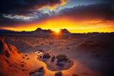 Amazing sunset image of a stunning desert beneath an overcast sky. Generative AI