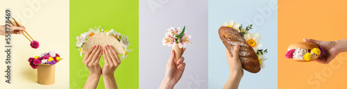 Set of fresh flowers and fast food in hands on color background