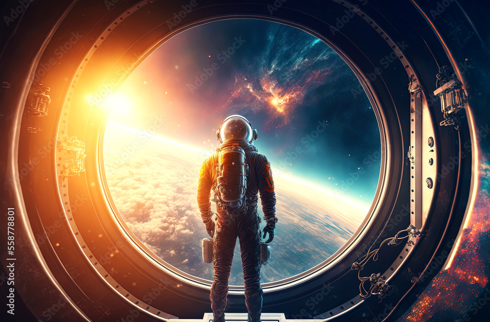 Spaceman in a spacesuit stands in front of spaceship circle window ...