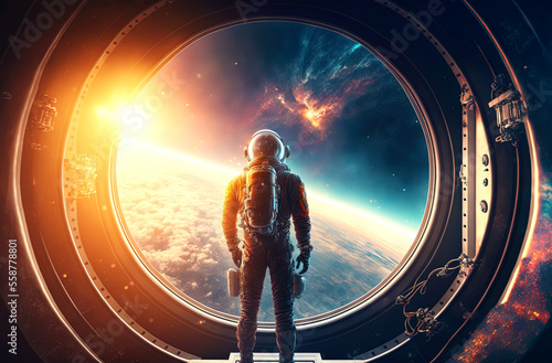 Canvas Print Spaceman in a spacesuit stands in front of spaceship circle window