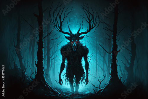 Wendigo, monster or demon. Mythological creature or spirit of the forest. Generative AI.
