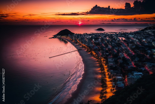 Aerial image of the city of Vung Tau with a stunning sunset, many boats, and cable cars. Panoramic coastal view of Vung Tau with waves and streets. Vietnam's Tao Phung Mountain with coconut trees photo