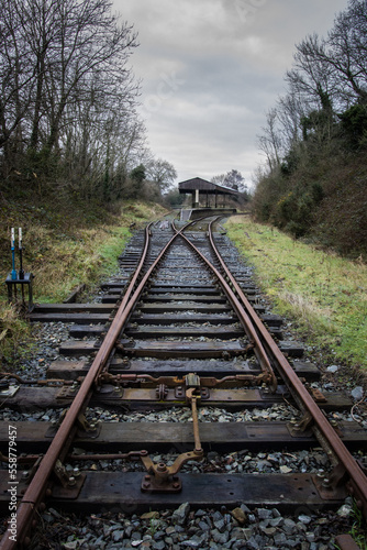 Old railway station in the Irish countryside. Bifurcation in the railway tracks, rusty and rotten wooden sleepers.. Northern Ireland, UK