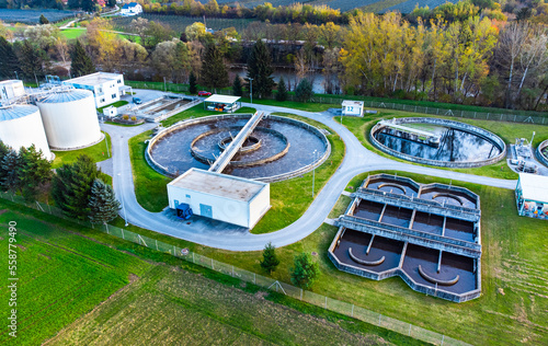 Water and sewage treatment plant aerial stock photo