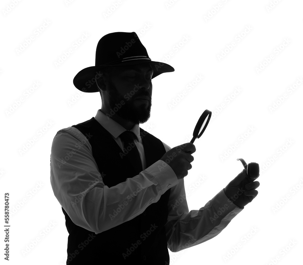 Silhouette of male detective with magnifier and smoking pipe on white background