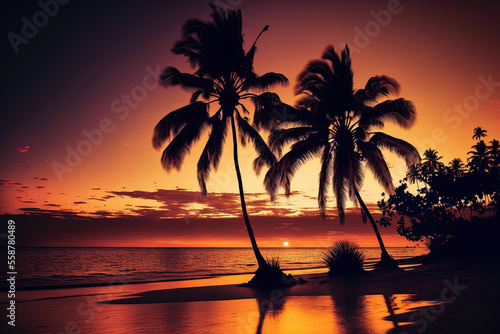 At sunset, a seaside coconut palm tree. Generative AI