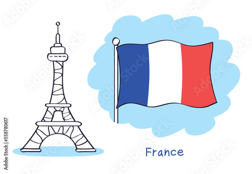Eiffel tower doodle line sketch icon, Paris symbol, France, French flag cartoon vector illustration.