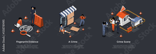 Looting And Crime Scene, Fingerprint Concept. Aggressive Guy With Molotov Cocktail In His Hand, Broke Showcase, Rob Shop, Wounded Man. Report From Scene. Isometric 3D Cartoon Vector Illustration Set
