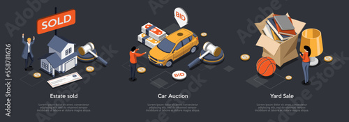 Concept Of Garage, Yard Sale, Estate Sold And Car Auction. Female Character Buy Vintage Things From Sale At Backyard. People Sale Old Books, Car, House. Isometric 3d Cartoon Vector Illustrations Set