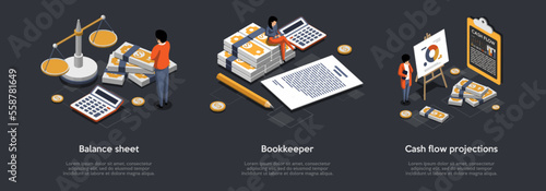 Personal Accounting, Balance Sheet And Cash Flow Projections Concept. Financial Consultant Reduces Debit With Credit. Characters Preparing Financial Tax Report. Isometric 3d Vector Illustrations Set