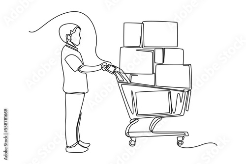 Continuous one line drawing Little boy push a trolley full of merchandise boxes. Supply chain management concept. Single line draw design vector graphic illustration.