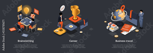 Job Interview, Brainstorming, Business Travel, Recruitment, Freelance Work, Career Ladder. Successful Business People Discuss New Startup, Go To Business Trip. Isometric 3d Vector Illustrations Set