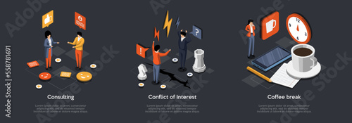 Business Consultant, Advisor or Expertise, Online Presentation, Strategy and Analysis Concept, Characters Solve Of Conflict Of Interest At Coffee Break. Isometric 3d Cartoon Vector Illustrations Set
